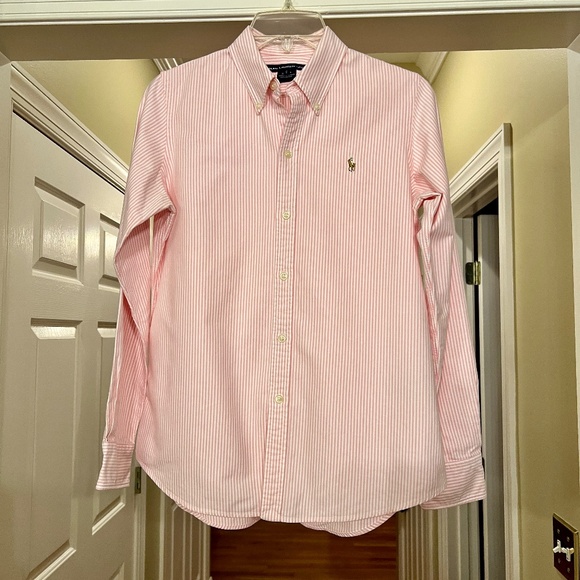 Ralph Lauren Tops - EUC Women's Ralph Lauren Sport Pink White Stripe Slim Fit Button Down Shirt 10